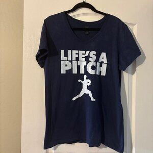 Women's Blue Life's a Pitch Baseball t-shirt SZ L